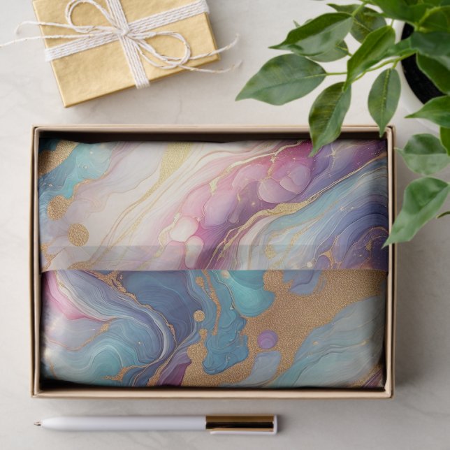 Teal Aqua Blue Purple Pink Gold Marble Art Pattern Tissue Paper (Gift)