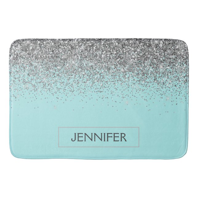 Teal Aqua Blue Silver Glitter Girly Monogram Name Bath Mat (Front)