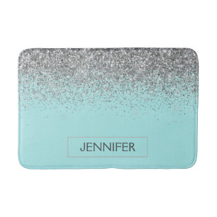 Teal Aqua Blue Silver Glitter Girly Monogram Name Bath Mat