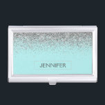 Teal Aqua Blue Silver Glitter Girly Monogram Name Business Card Holder<br><div class="desc">Teal Aqua Blue and Silver Sparkle Glitter Monogram Name Business Card Holder. This makes the perfect sweet 16 birthday,  wedding,  bridal shower,  anniversary,  baby shower or bachelorette party gift for someone that loves glam luxury and chic styles.</div>
