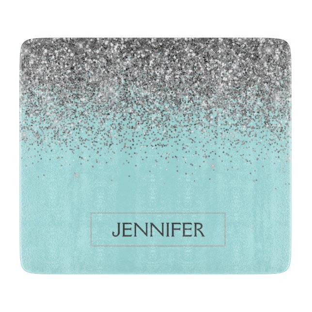 Teal Aqua Blue Silver Glitter Girly Monogram Name Cutting Board (Front)