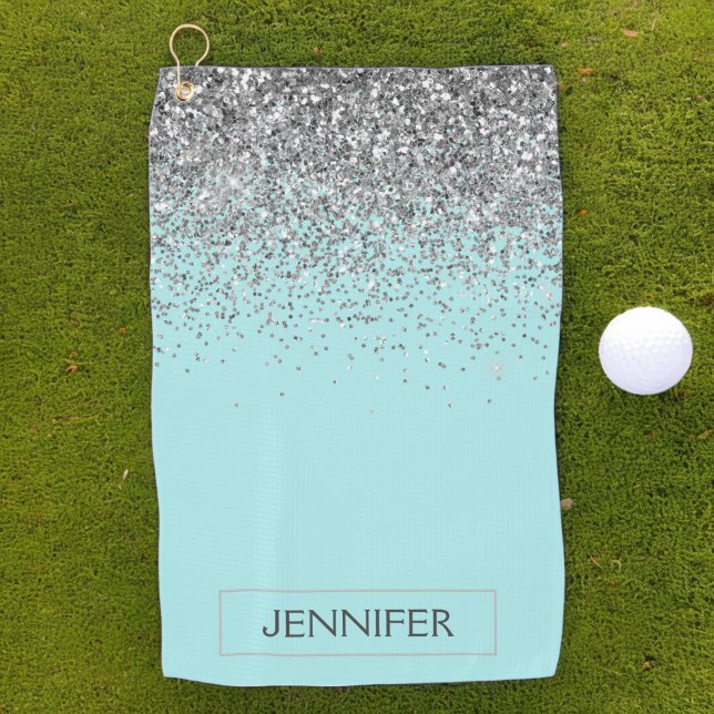 Teal Aqua Blue  Silver Glitter Girly Monogram Name Golf Towel (Creator Uploaded)