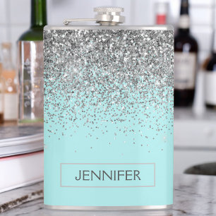Teal Aqua Blue  Silver Glitter Girly Monogram Name Hip Flask