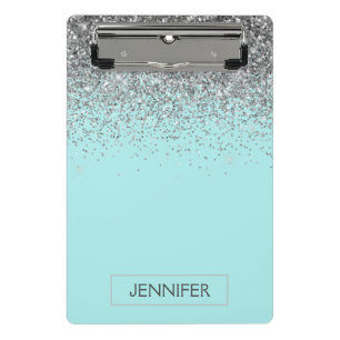 Teal Aqua Blue  Silver Glitter Girly Monogram Name Mini Clipboard
