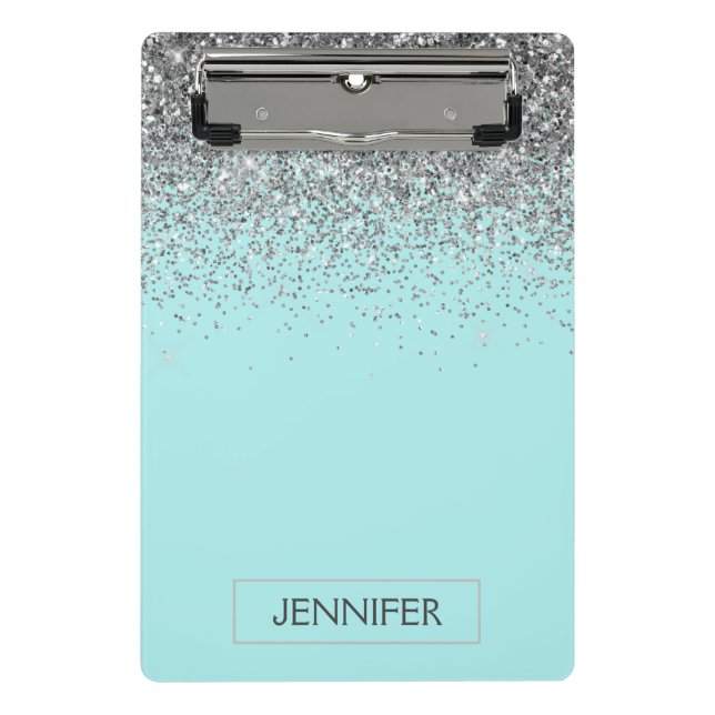 Teal Aqua Blue  Silver Glitter Girly Monogram Name Mini Clipboard (Front)