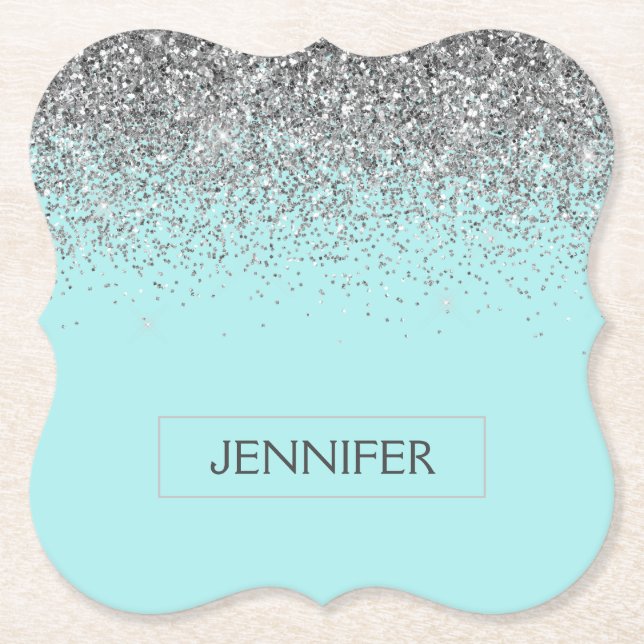 Teal Aqua Blue Silver Glitter Girly Monogram Name Paper Coaster (Front)