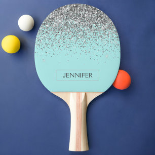 Teal Aqua Blue Silver Glitter Girly Monogram Name Ping Pong Paddle