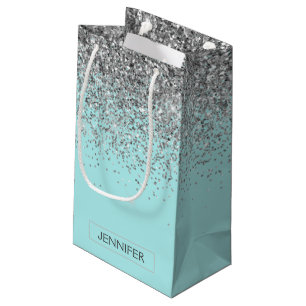 Teal Aqua Blue Silver Glitter Girly Monogram Name Small Gift Bag