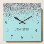 Teal Aqua Blue Silver Glitter Girly Monogram Name Square Wall Clock<br><div class="desc">Teal Aqua Blue and Silver Sparkle Glitter Monogram Name Clock. This makes the perfect sweet 16 birthday,  wedding,  bridal shower,  anniversary,  baby shower or bachelorette party gift for someone that loves glam luxury and chic styles.</div>