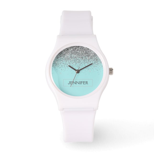 Teal Aqua Blue Silver Glitter Girly Monogram Name Watch (Front)