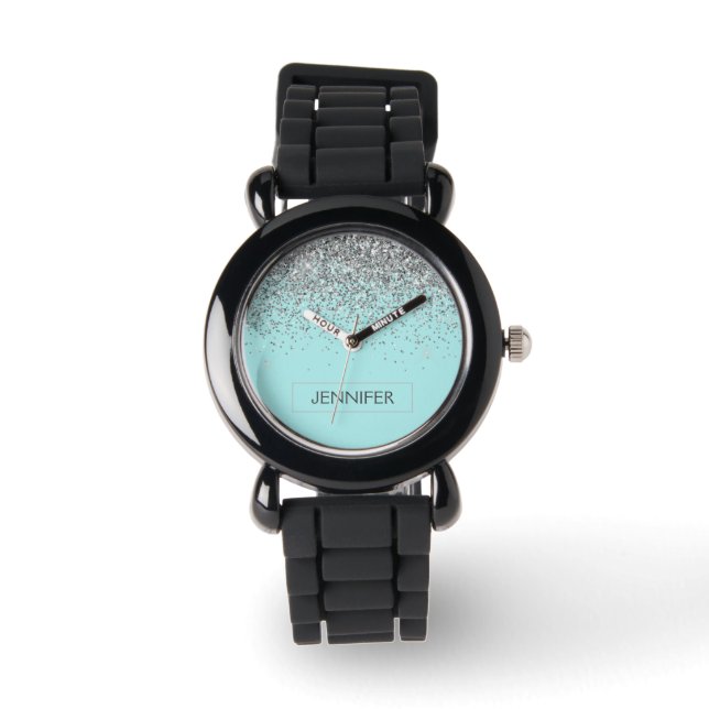 Teal Aqua Blue Silver Glitter Girly Monogram Name Watch (Front)