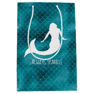 Teal Aqua Blue Sparkle Glitter Mermaid Medium Gift Bag