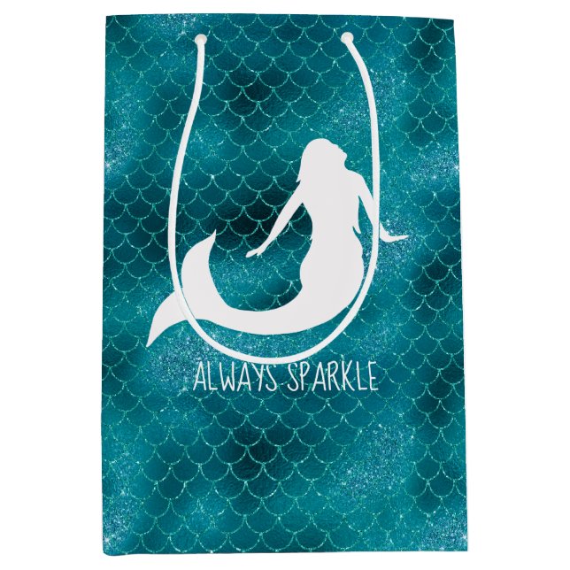 Teal Aqua Blue Sparkle Glitter Mermaid Medium Gift Bag (Front)