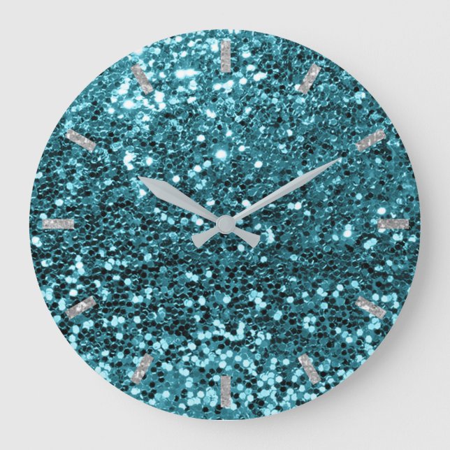 Teal Aqua Blue Sparkly Faux Glitter Gray Large Clock (Front)