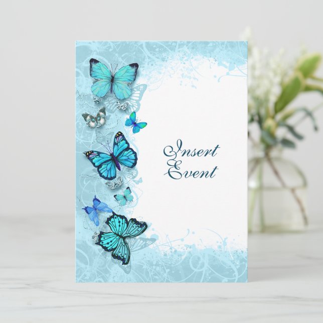 Teal aqua blue watercolor butterfly party invitation (Standing Front)