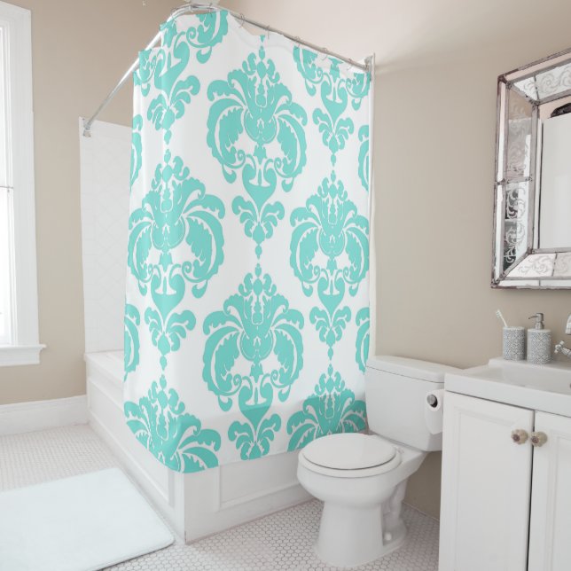 Teal Aqua Blue & White Royal Glam Damask Shower Curtain (In Situ)