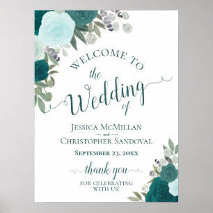 Teal & Aqua Boho Chic Roses Wedding Welcome Poster