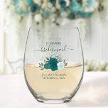 Teal Aqua Boho Roses Bridesmaid Maid of Honour Gif Stemless Wine Glass<br><div class="desc">This set is the perfect choice for thanking the bridesmaids and maid of honour at your wedding. The beautiful boho chic design features a cluster of hand painted watercolor roses in shades of teal, turquoise and aqua, along with eucalyptus sprigs and garden greenery. Her name & title appears in elegant...</div>