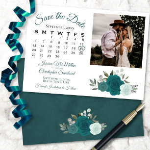 Teal & Aqua Boho Roses Wedding Calendar & Photo Save The Date