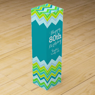 Teal aqua chevron zigzag 80th birthday wine box