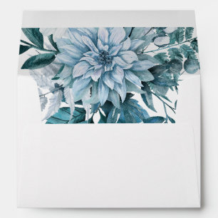 Teal, aqua dalia flowers and leaves wedding envelope