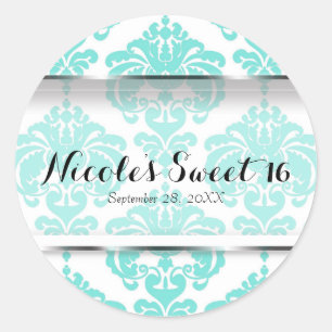 Teal Aqua Damask Vintage Glam Wedding Event Favour Classic Round Sticker