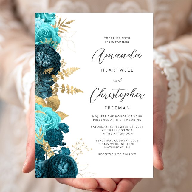 Teal Aqua Floral Gold Script Wedding Invitation (Creator Uploaded)