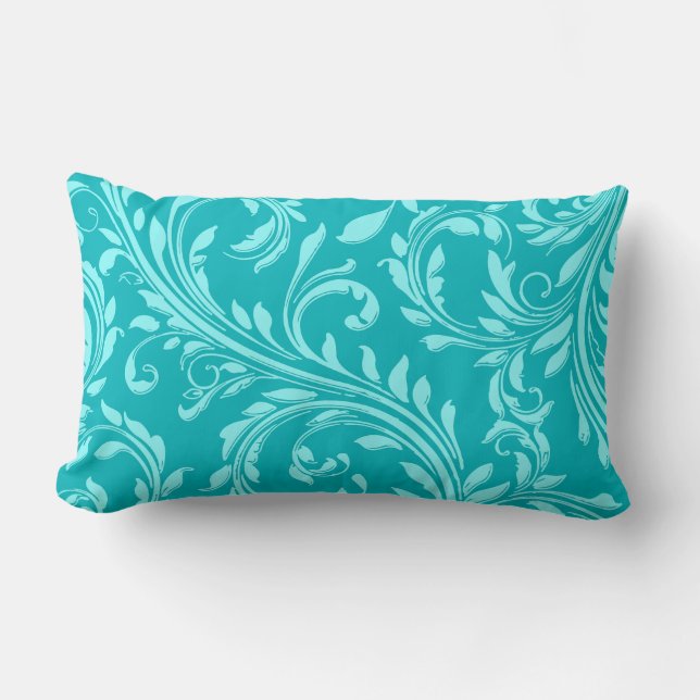 Teal, Aqua floral swirl damask lumbar throw pillow (Front)