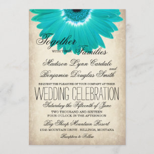 Teal Aqua Gerber Daisy Rustic Wedding Invitations
