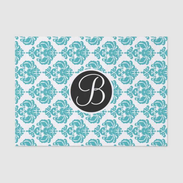 Teal Aqua Glam Damask Monogram Letter Initial Tissue Paper (Front)