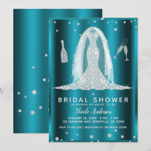 Teal Aqua Glam Diamond Wedding Dress Bridal Shower Invitation