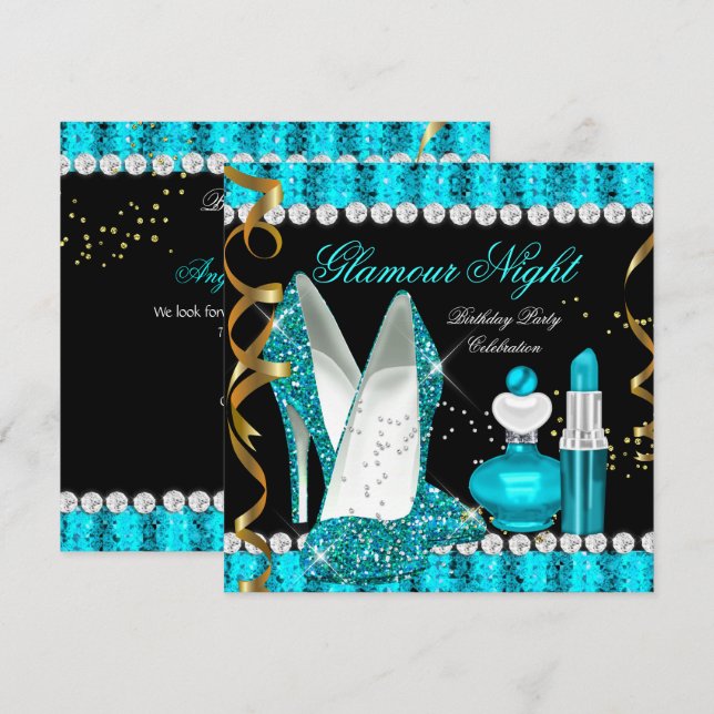 Teal aqua Glamour Night Gold Black Invitation (Front/Back)