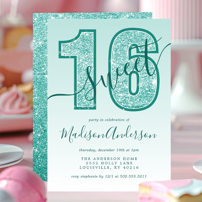 Teal Aqua Glitter Script Sweet 16 Birthday Party Invitation (Creator Uploaded)