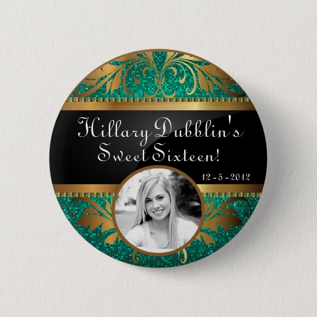 Teal Aqua Glitter Sequin Disco Glitz Photo Button (Front)
