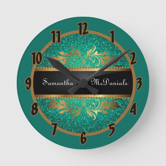 Teal Aqua Glitter Sequin Disco Personalised Clock (Front)