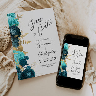 Teal Aqua Gold Floral Script Save the Date Announcement