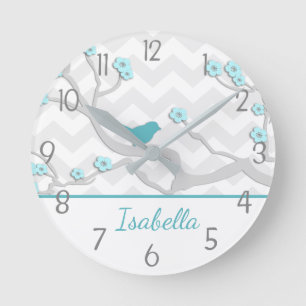 Teal Aqua Gray Bird on Branch Nursery Wall Clock