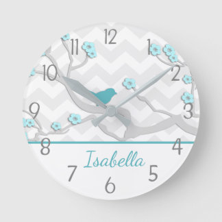 Teal Aqua Gray Bird on Branch Nursery Wall Clock