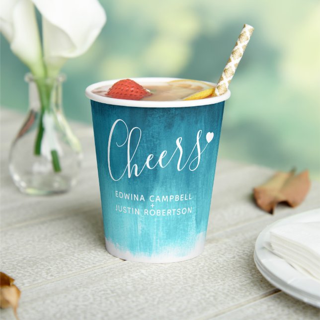 Teal aqua green blue abstract wedding paper cups (Insitu)