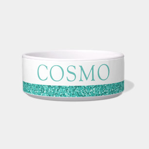 Teal Aqua Green Glitter Sparkle Pet Name Bowl