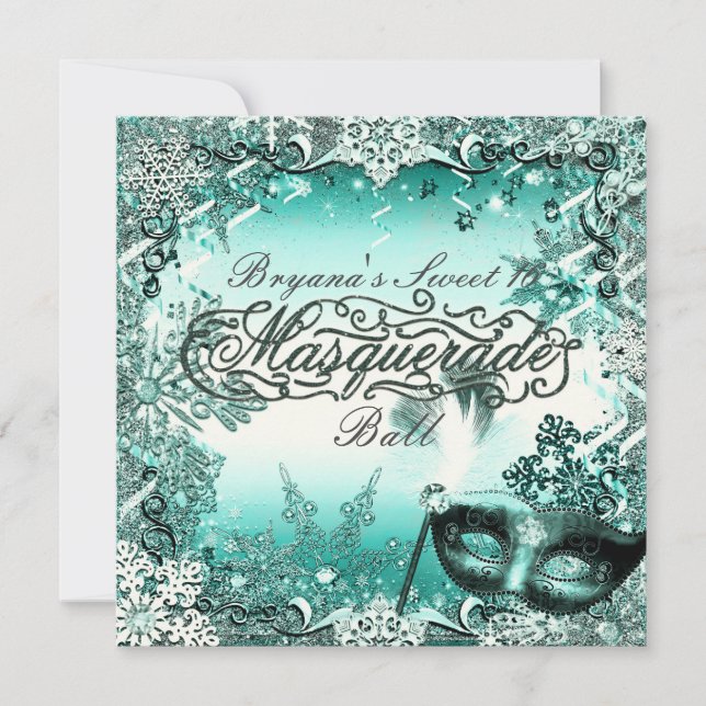 Teal Aqua Green Winter Masquerade & Snowflakes Invitation (Front)