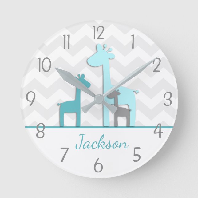 Teal Aqua Grey Giraffe Nursery Wall Clock (Front)