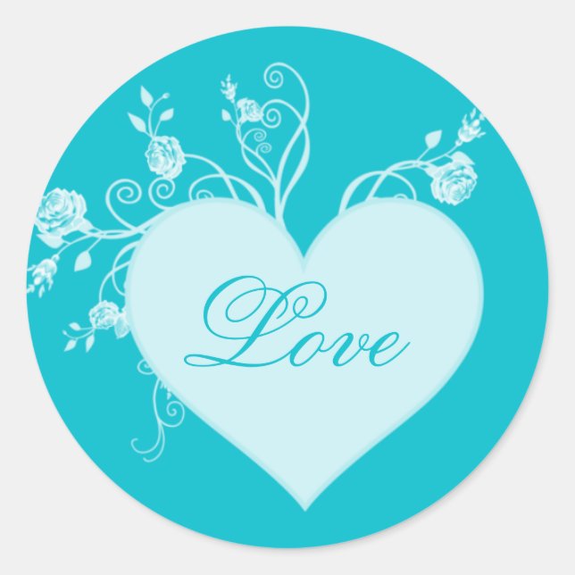 Teal Aqua Heart and Roses Love Stickers (Front)