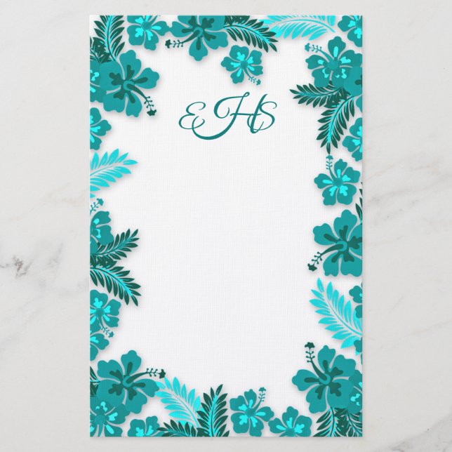 Teal Aqua Hibiscus Border Monogrammed Blank Paper (Front)