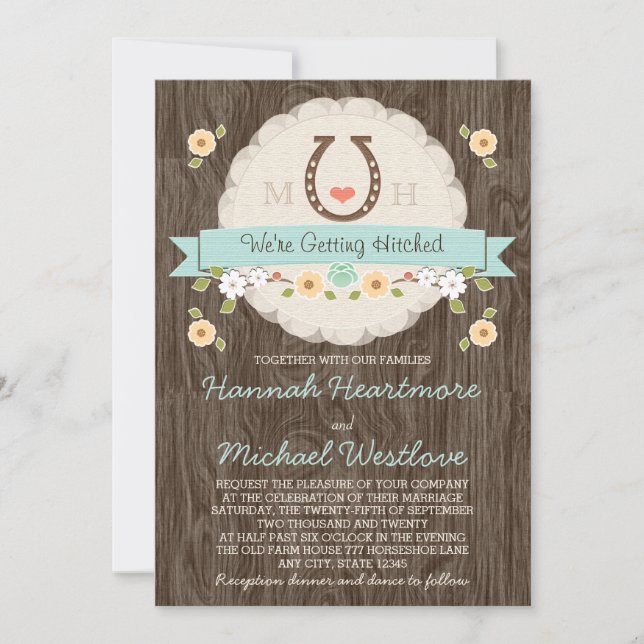 Teal Aqua Horseshoe Heart Western Wedding Invitation (Front)