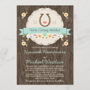 Teal Aqua Horseshoe Heart Western Wedding Invitation
