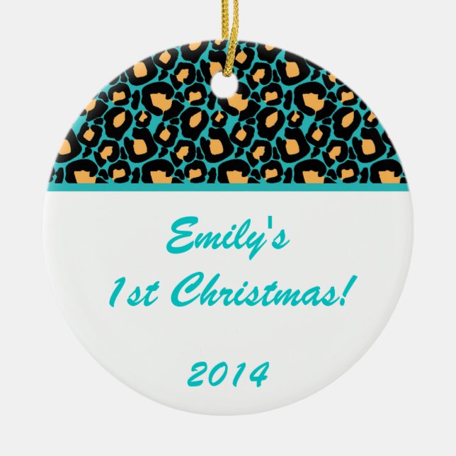 Teal Aqua Leopard Spot Personalised Name Ornament (Front)