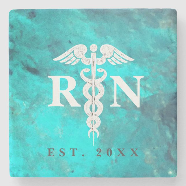 Teal Aqua Marble Registered Nurse Custom Year Stone Coaster (Front)