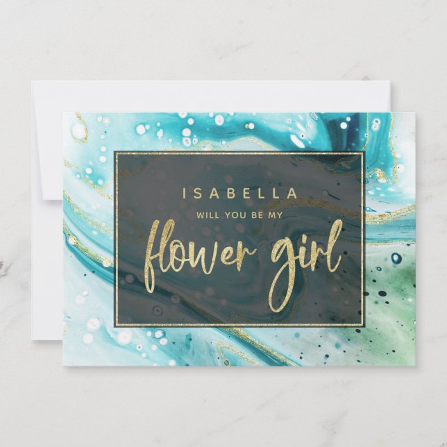 Teal Aqua Marble Will You Be My Flower Girl Card (Front)