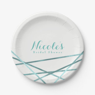 Teal Aqua Modern Geometric Lines Elegant Custom Paper Plate